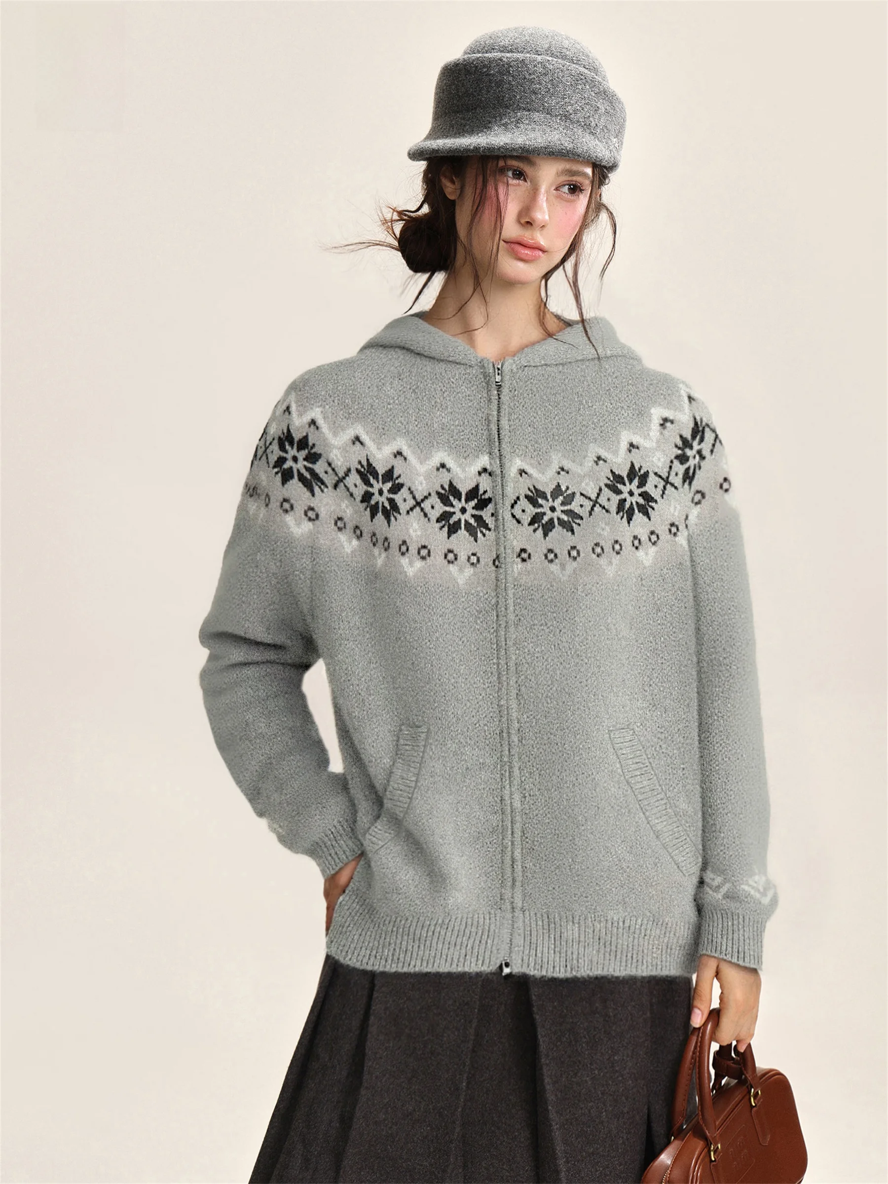 

Thiened Fair Isle Knitted Hat Women's Zipper Coat Lazy Loose Winter Faion Pullover Geometric Pattern Long Sve Sweater