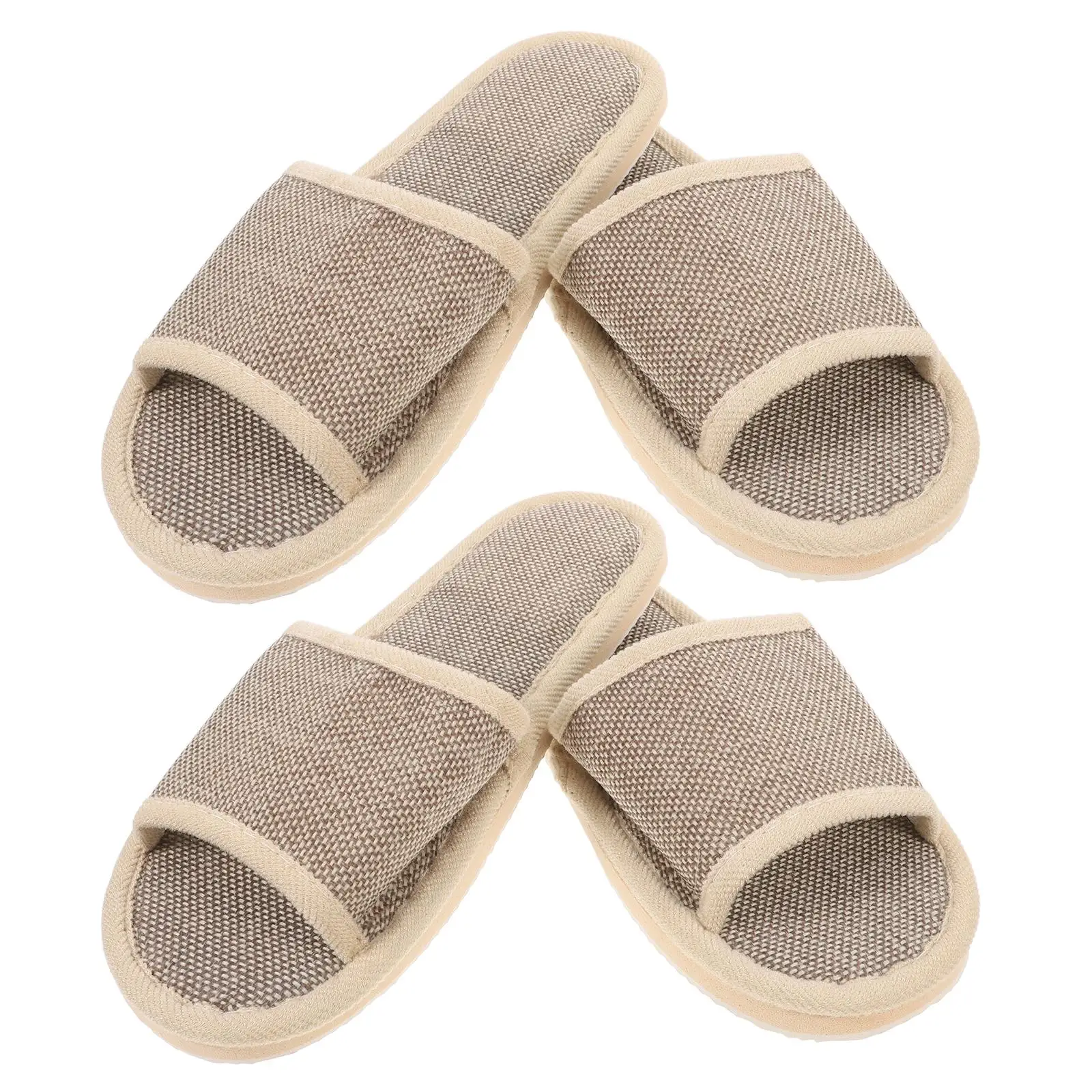 2 Pairs Beige Hotel Slippers for Woman Open Toe House Women Linen Summer EVA Non-slip Travel