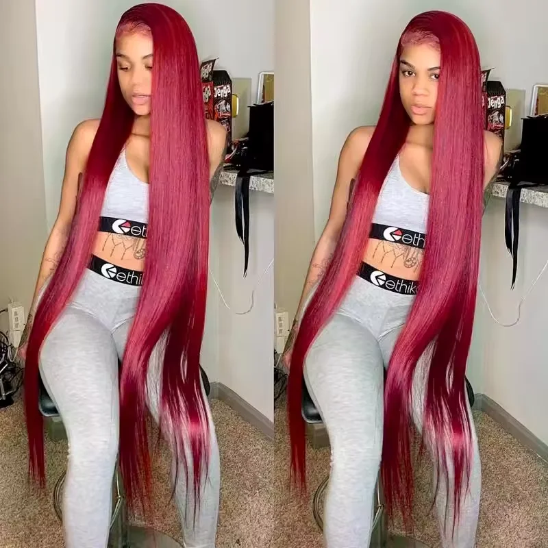 

36Inch 99j Burgundy Colored Straight Human Hair Wigs 13x6HD Lace Wig Frontal Lace Transparent Lace Brazilian Human Hair Wigs