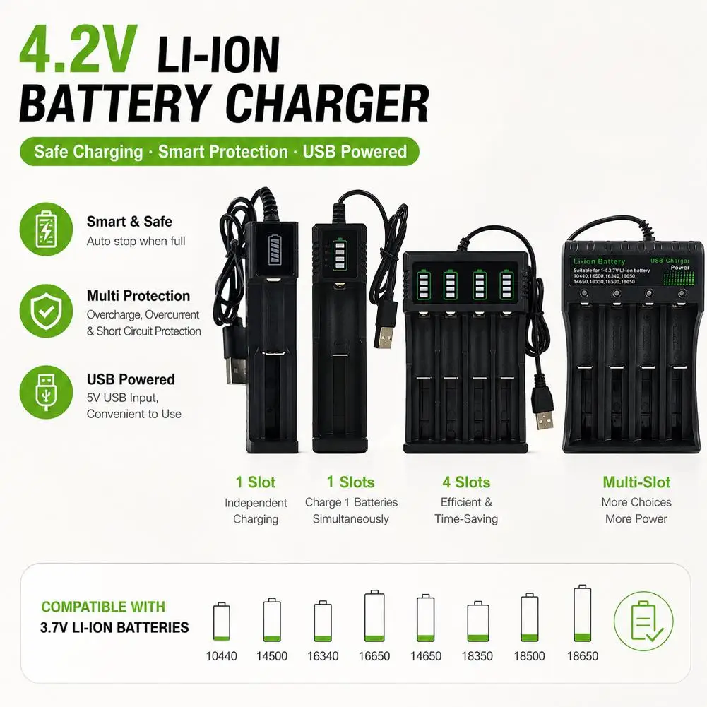 18650 Battery Charger 1/4 Slots AC 110V 220V Dual Smart Fast Charging 3.7V Rechargeable Lithium Li Ion Power Station
