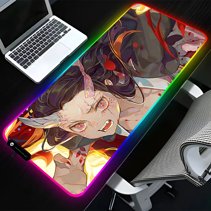

RGB LED Mouse Pad HD Rubber Mousepad Computer Gaming Accessories Keyboard Pad Office Non Slip Demon Slayer Nezuko Desk Mouse Mat