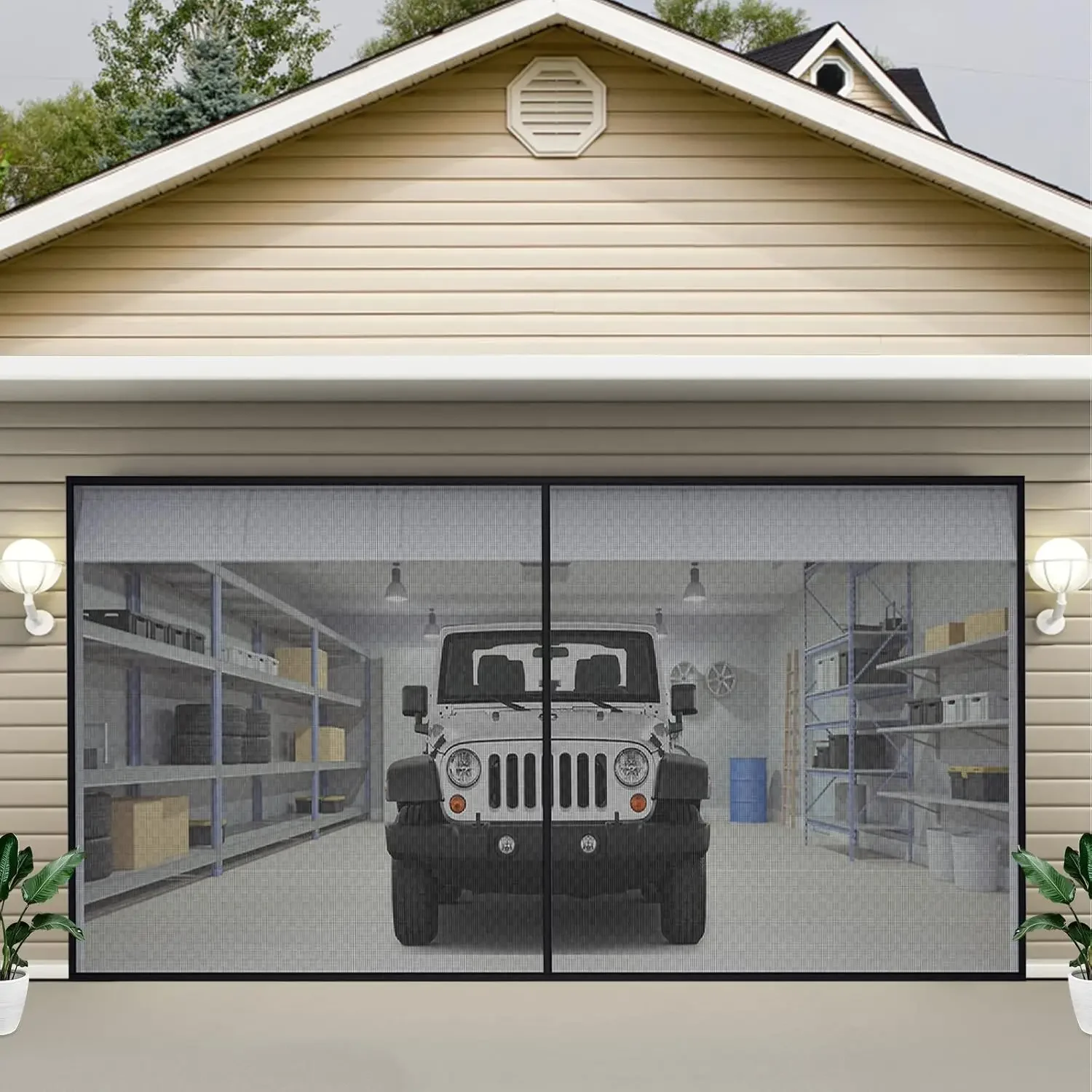 Garage Door Screen, 18 x 7 ft for 2 Cars, 5.8 lbs Heavy-Duty Fiberglass Mesh with Self Sealing Magnet and Weighted Bottom