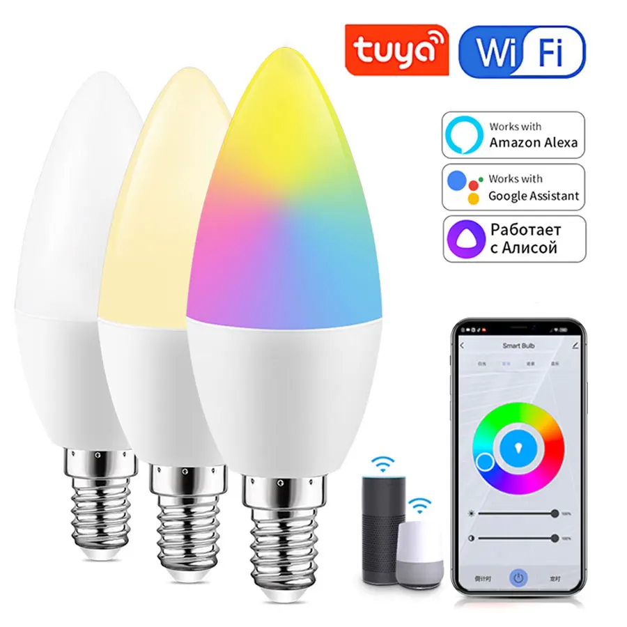 

Tuya Smart WiFi Light Bulb Intelligent E14 Candle Lamp RGBCW Voice Control with Alexa Google Home Alice AC 85-265V 5W 7W 9W