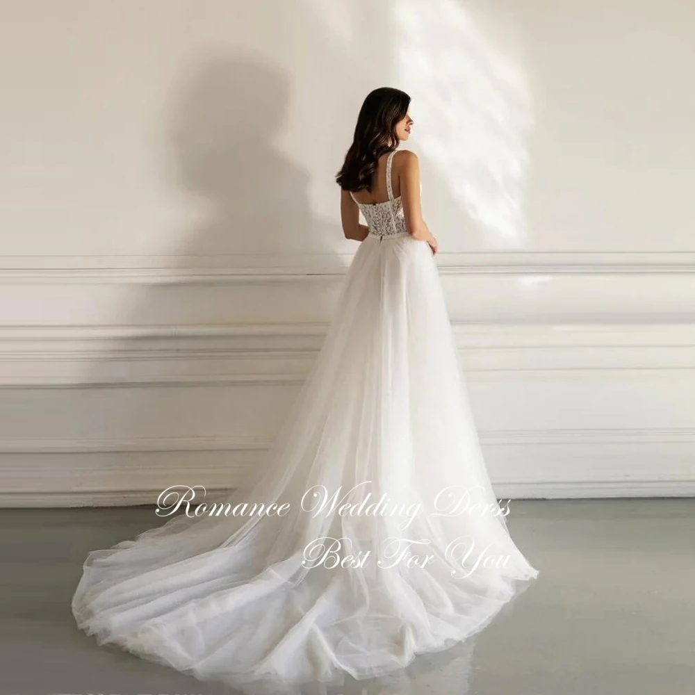 Apliques modernos a linha vestido de casamento 2025 renda com decote em v plissado aberto volta sem mangas cintas de espaguete vestidos de novia personalizado