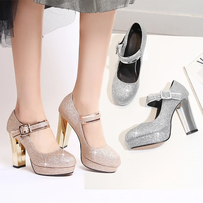 Silver Gold Sequined Cloth Wedding Women Platform Pumps High Block Heels Round Toe Buckle Belt Mary Jane Party Office Lady Shoes