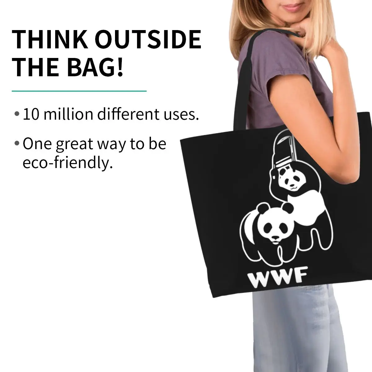 WWF Wrestling Panda Shopping Tote Bag Canvas Large Capacity Shoulder Bags Shopper Grocery Handbag for Women