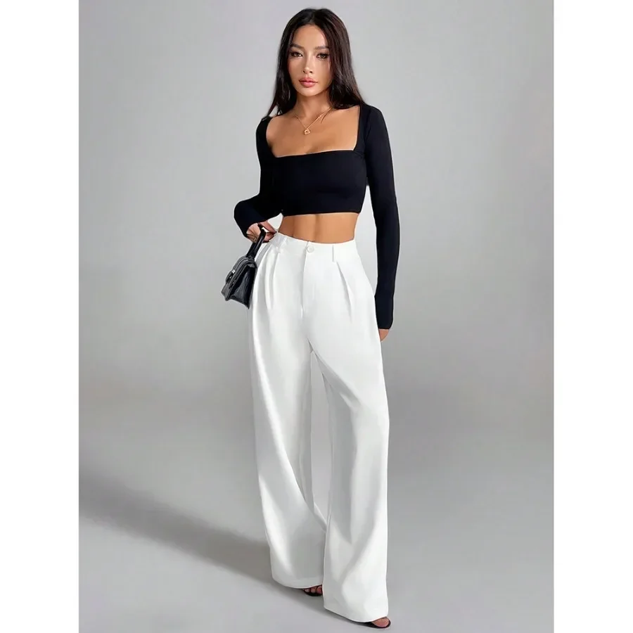 

European and American 2025 Women's Drooping High Waist Wide Legs Versatile Casual Loose Trousers