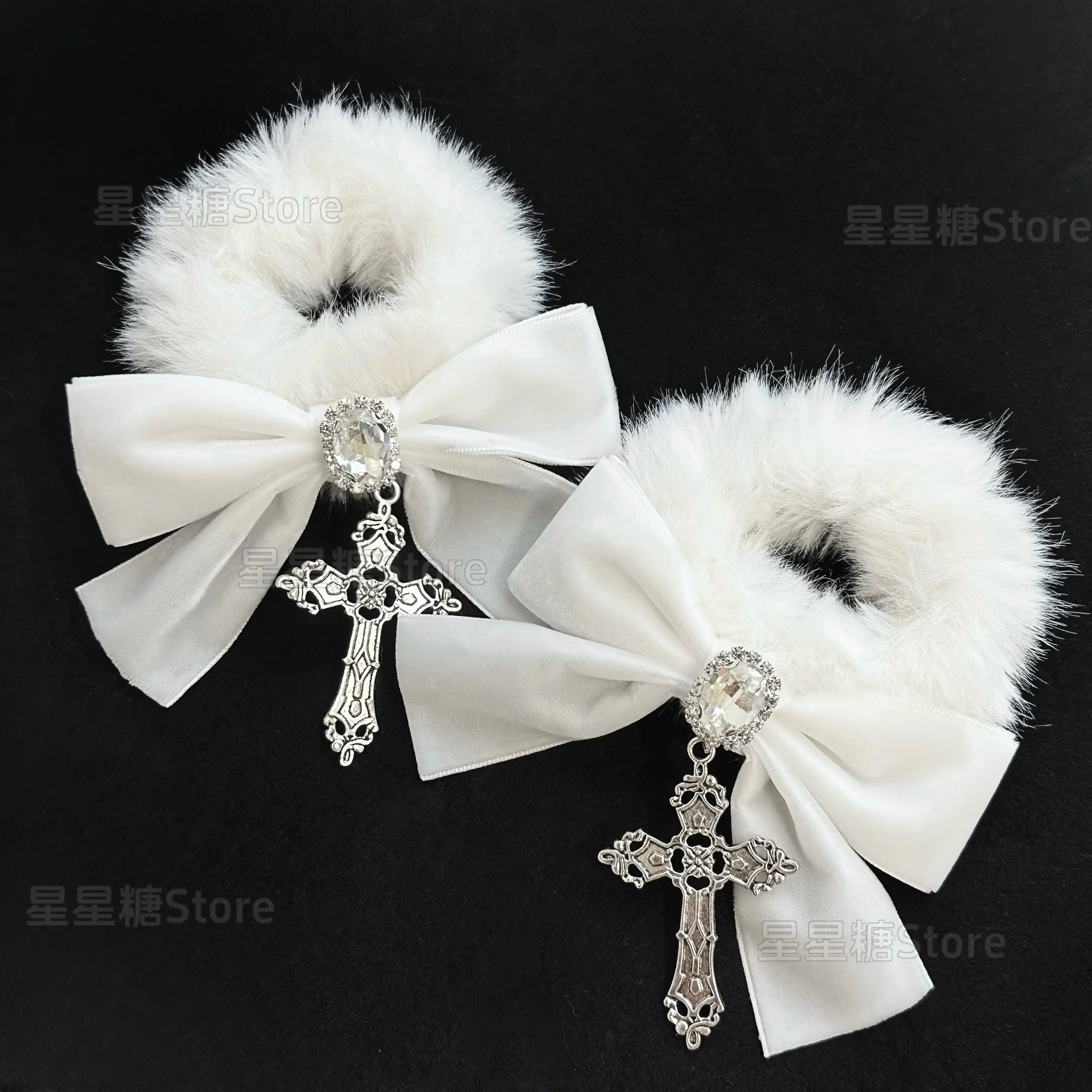 A Pair Japanese Style Lolita Gothic White Fluffy Cross Scrunchy Hand Made Hair Ornament Cute Bow Y2k Subculture Headwear