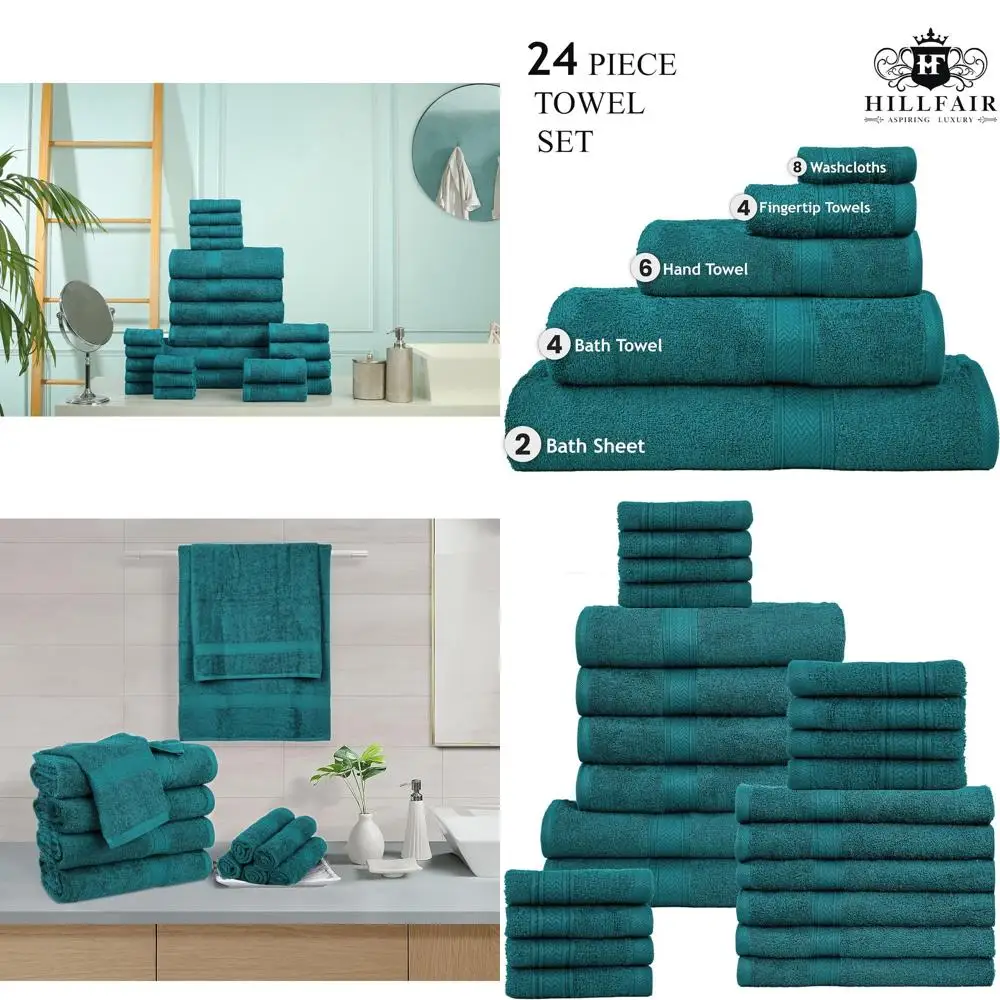 

24-Piece Cotton Bathroom Towel Set: High Absorption, Quick Dry, Teal (600GSM)