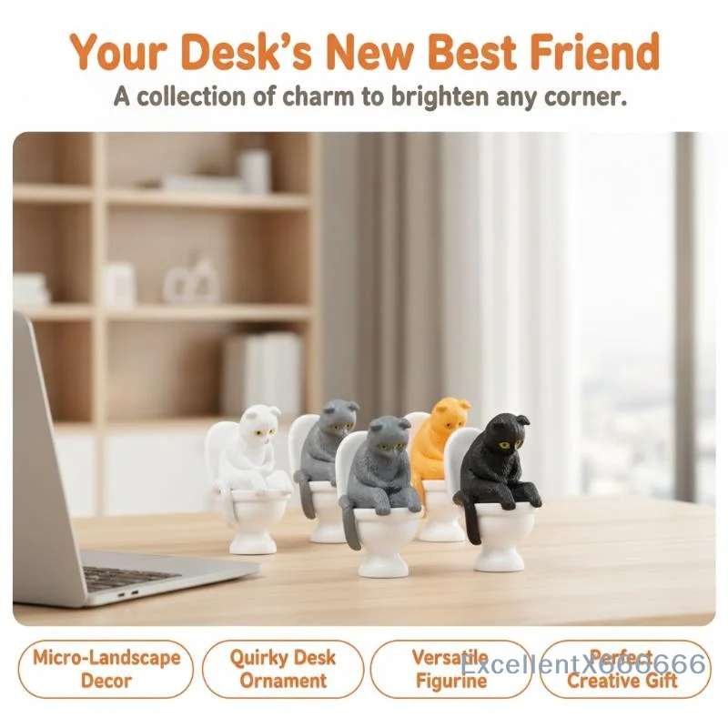 Funny Sitting On Toilet Seated Posture Kitten Figurines Micro Landscape Ornament Home Desktop Office