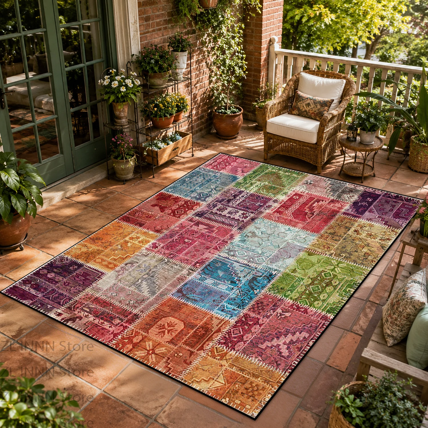 Retro Geometric Splice Outdoor Garden Carpet Decoration Home Patio Foldable Non-slip Rugs Bedroom Easy Clean Tables Chair Mat
