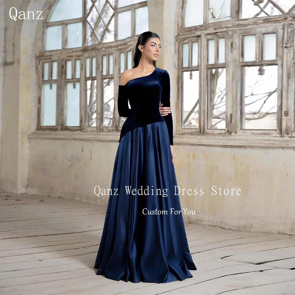 

Qanz Navy Blue Evening Dresses Full Sleeves Velvet and Satin Formal Occasion Dresses Vestidos De Fiesta Elegantes Customized