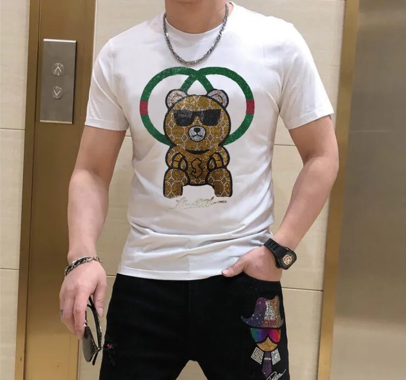 S-6XL  Anime T-Shirt Men's High-Quality Rhinestone  t shirt homme streetwear Casual Tee Shirt brand  Cotton