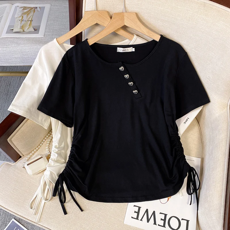 Summer XL-4XL Oversize Cotton T-shirt Female Drawstring Short-sleeve Loose Korean Chic Tees Tops Button Large Size Clothing