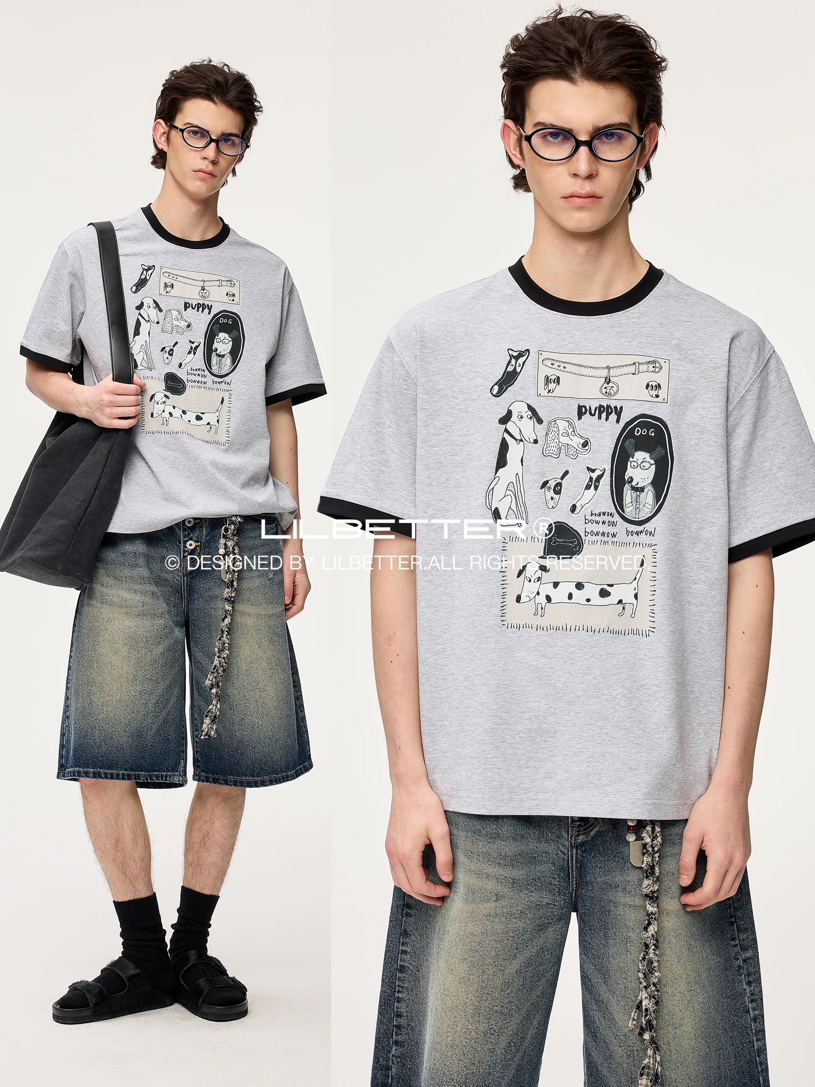 Lilbetter Vintage Hand-Painted Spot Dog Print T-Shirt Loose Fit round Neck Short Sleeve Men's Fashion Summer Casual Knitted C...