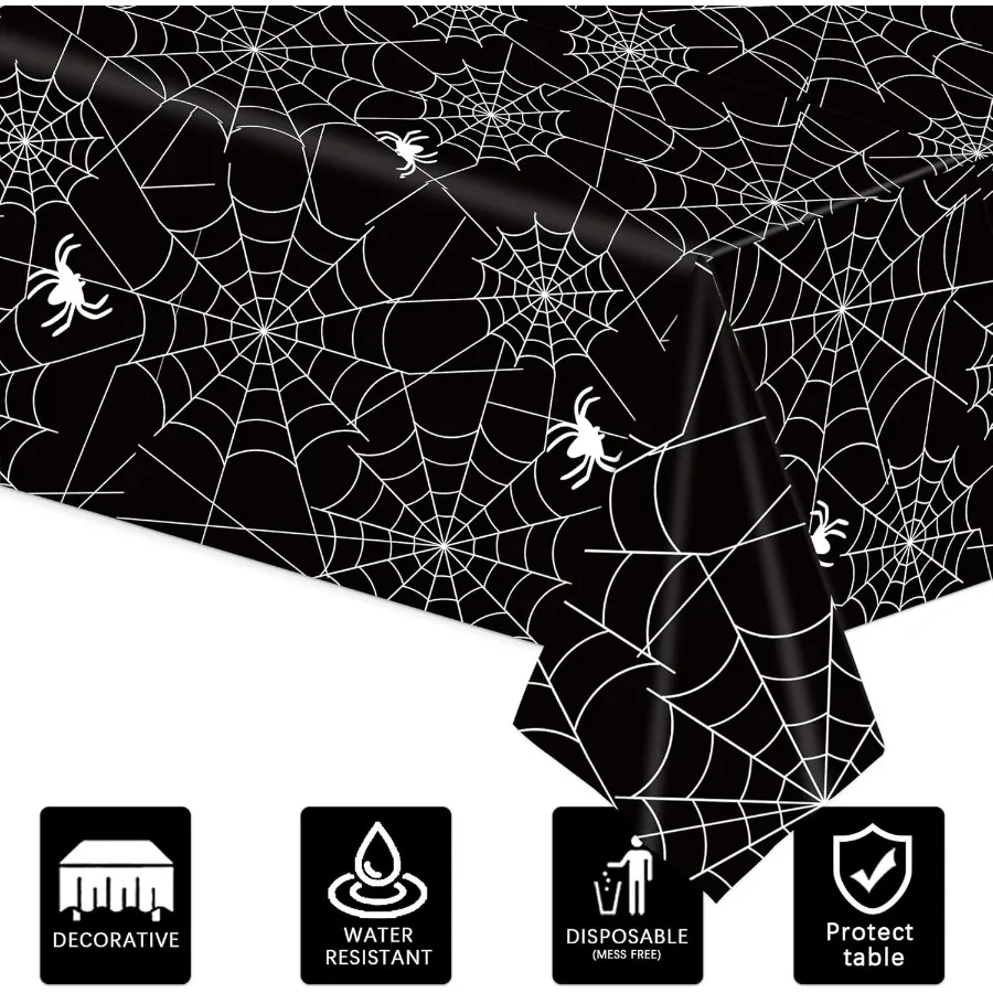 3Piece 54 x 108 Inch Spider Web Plastic Tablecloth Black Spiderweb with Spiders Designs Disposable Rectangle Table Cover for Di