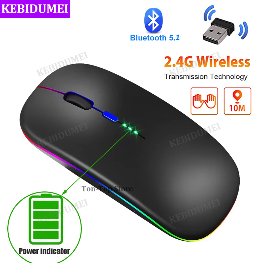 Bluetooth Mouse 2.4G Wireless Mouse with Power Indicator LED Backlit Rechargeable USB Gaming Mouse 1600DPI Mice for PC Laptop