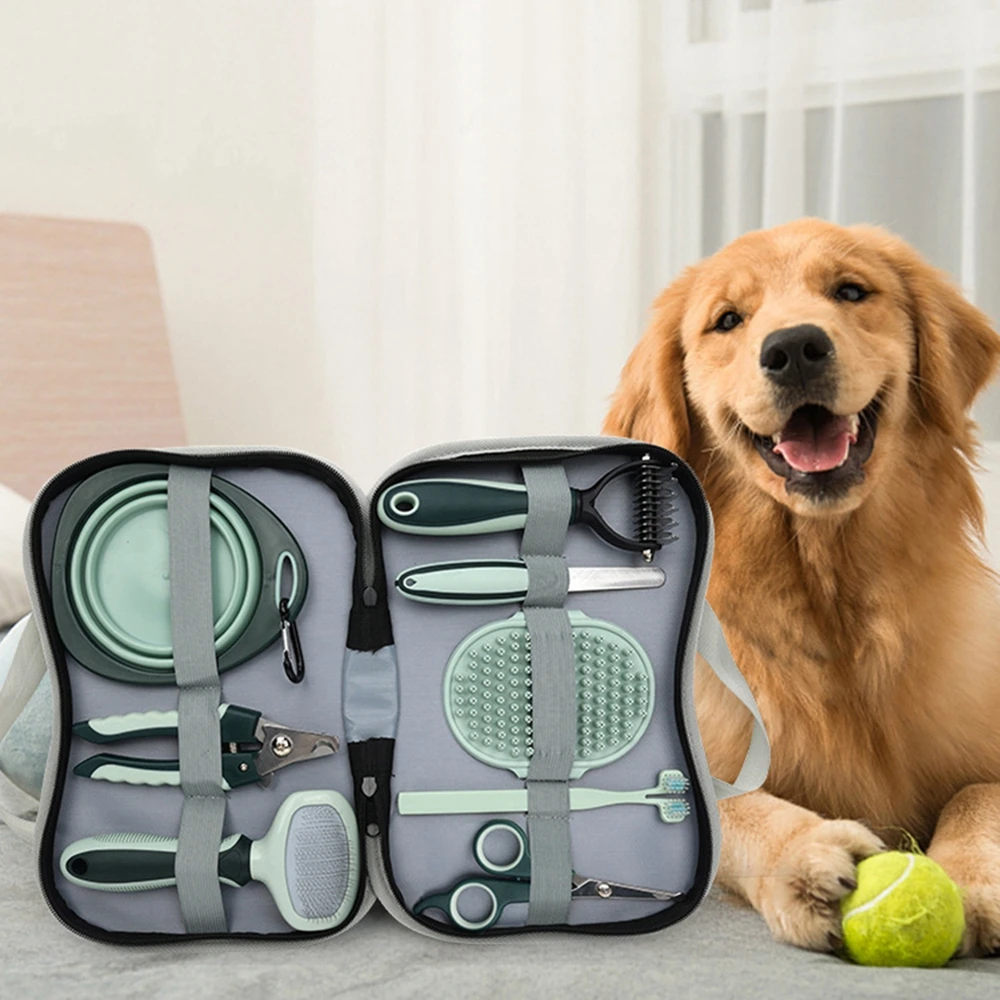 Dog Cat Grooming Comb Set 8 in 1 Pet Cleaning Brush Tool Kit Storage Bag Dog Nail Clipper Flea Comb Cat Hair Removal Brush Kit