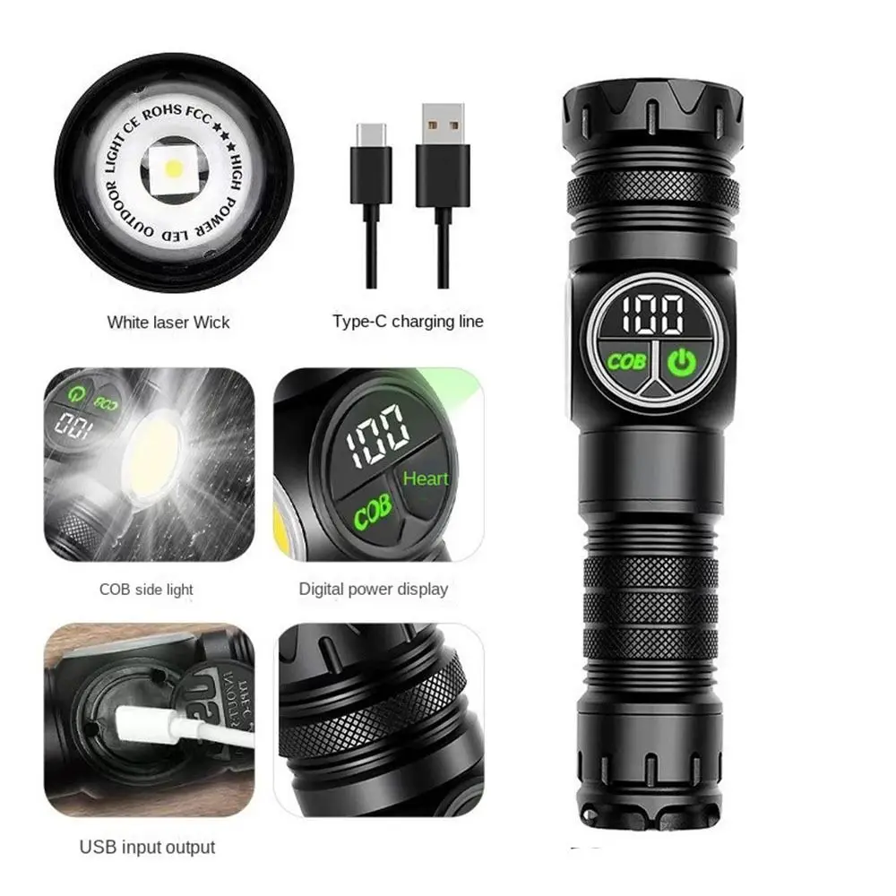 USB Rechargeable LED Flashlight Searchlight Waterproof Display Torch Long Beam Zoom Spotlight Camping Light Floodlight