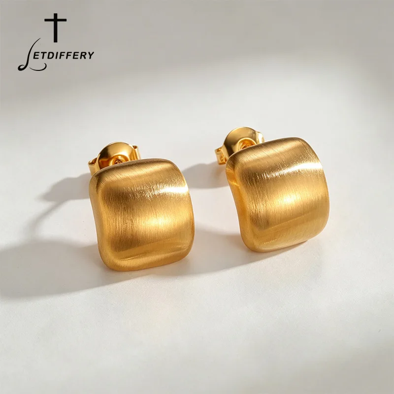 Letdiffery Minimalist Brushed Curved Square Stud Earrings for Women Stainless Steel Vintage Geometric Earring Waterproof Jewelry