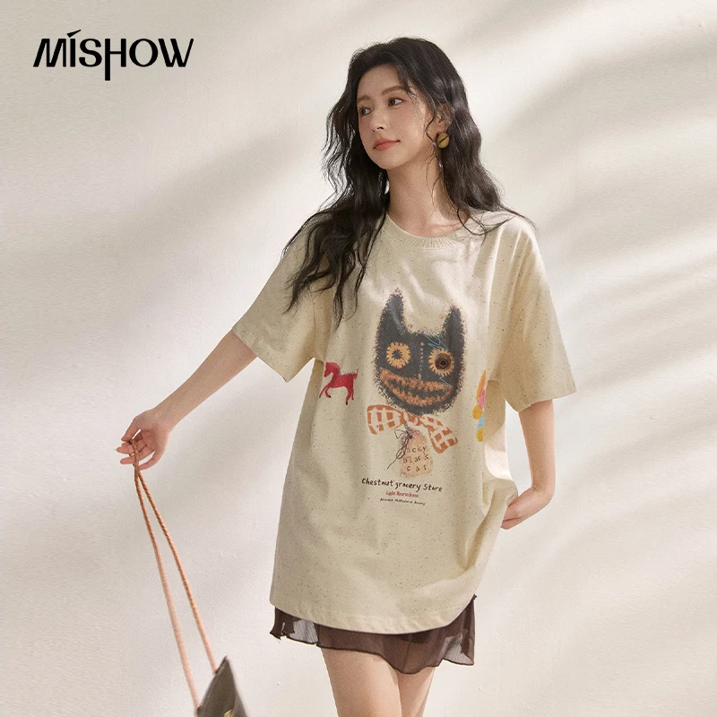 Women's Funny Cat Print T-Shirt - Colorful Dot Tee