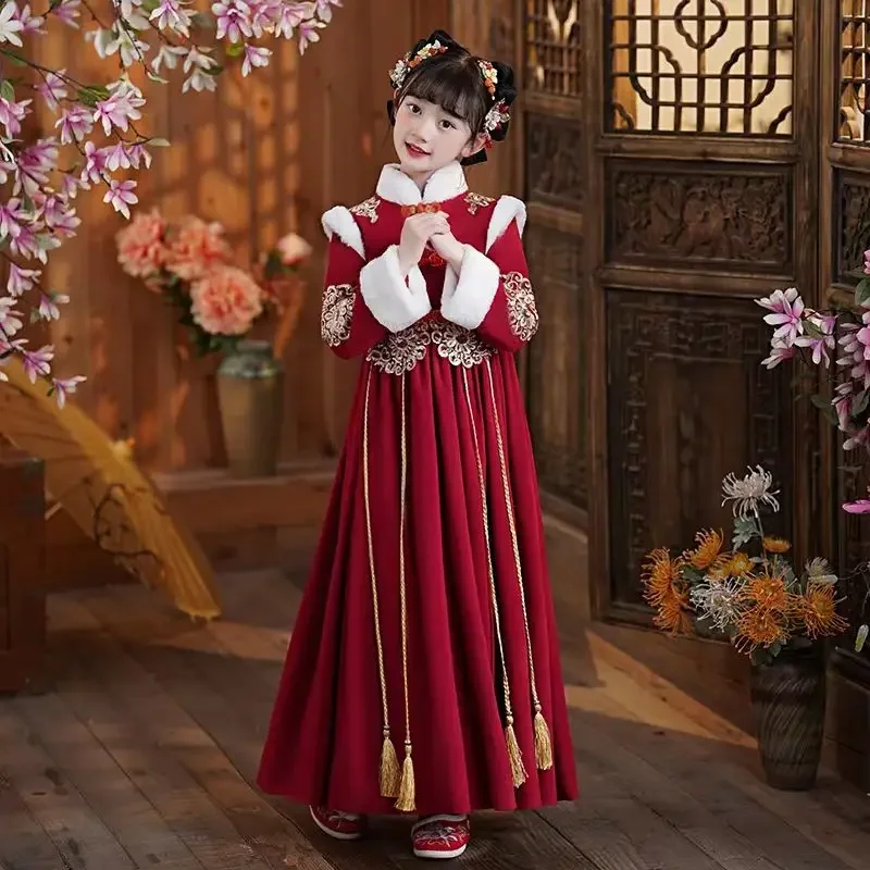 

Elegant Chinese Style Girls Winter Hanfu Dress Vintage New Year Tang Suit Fluff Edge Thicken Warm Fairy Skirt Ancient Costume