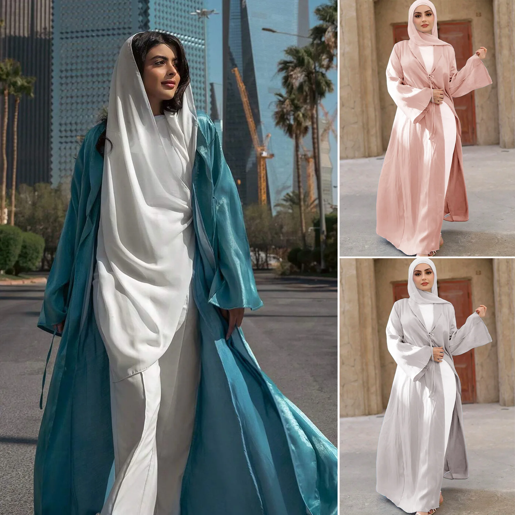 2213# Muslim Robe Dubai Cardigan Long Dress Women's Lace up Trumpet Sleeve Flash Dress