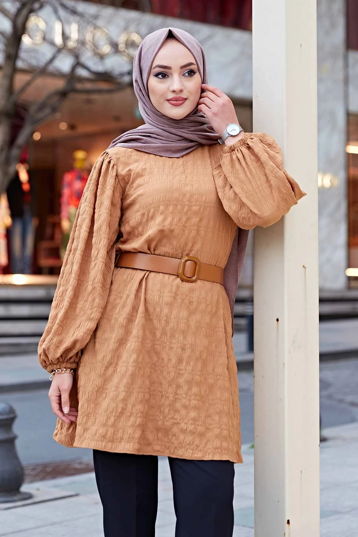 Kemerli Börümcük Tunik TH- Camel