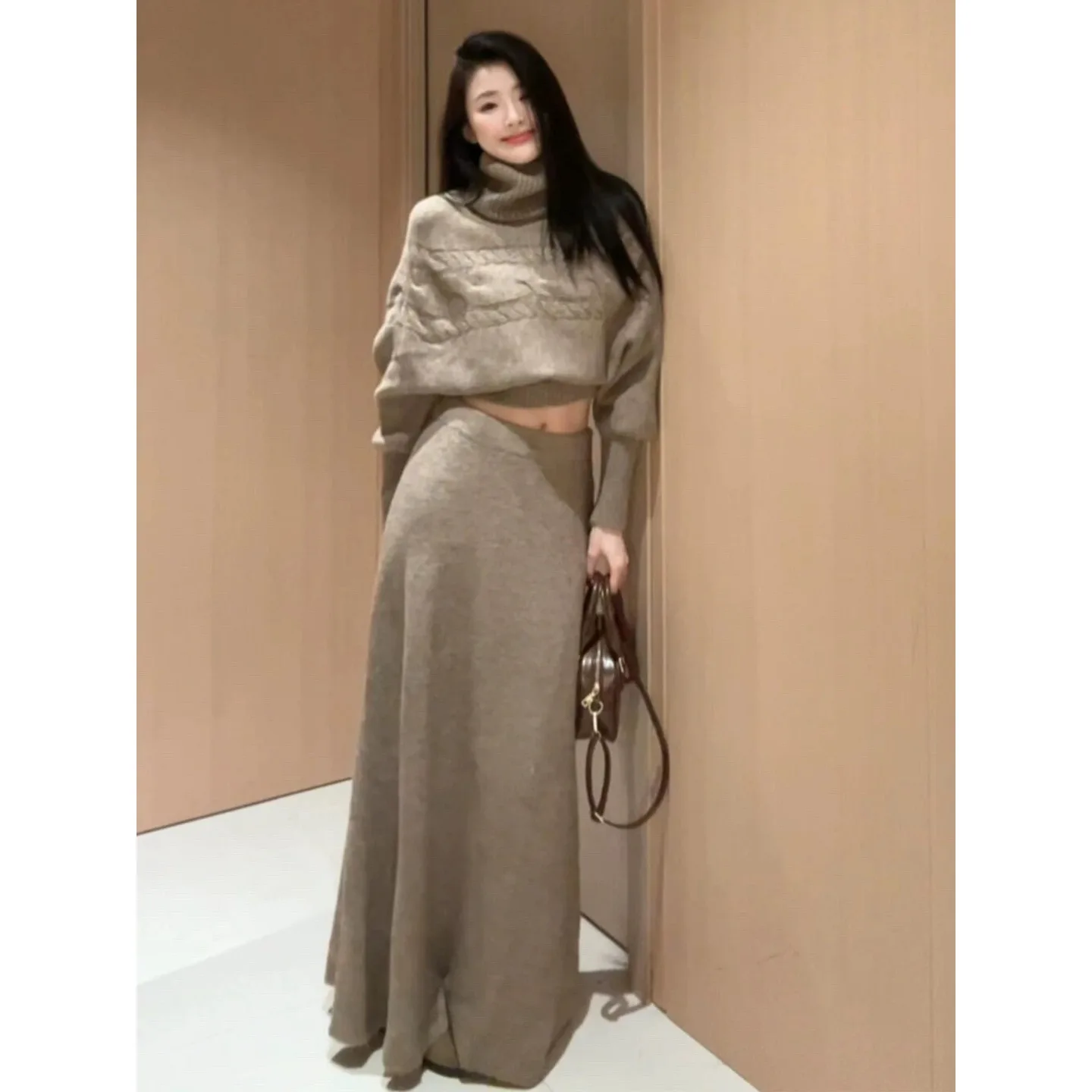 Elegant High Collar Knitted Dress Women's Autumn Winter New Korean Style Complete Set Long Dress Comfortable Breathable Material