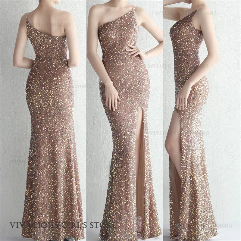 

Elegant Lady Evening Dresses Sexy Robe De Soiree Formal Dress Luxury Split Club Party Vestidos Sequined One Shoulder Prom Dress