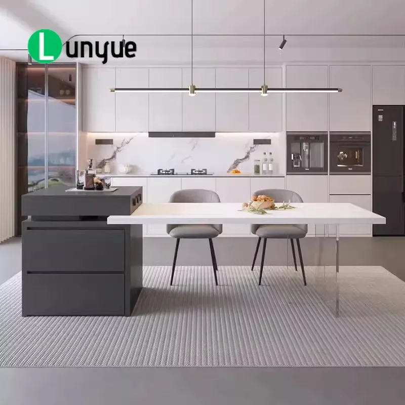 Retractable Kitchen Island Dining Table with Induction Cooker Black White Rock Slab Space Saving Furniture for Small