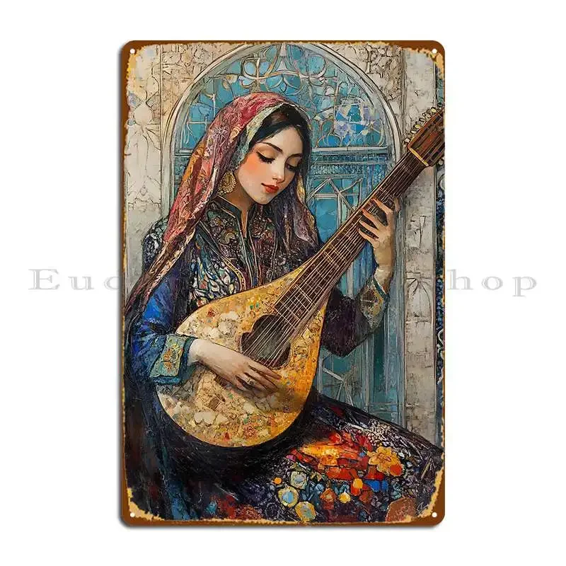 Woman Playing Lute In Colorful Ornate Traditional Attire Metal Sign Club Print Club Garage Decoration Cinema Tin Sign Poster