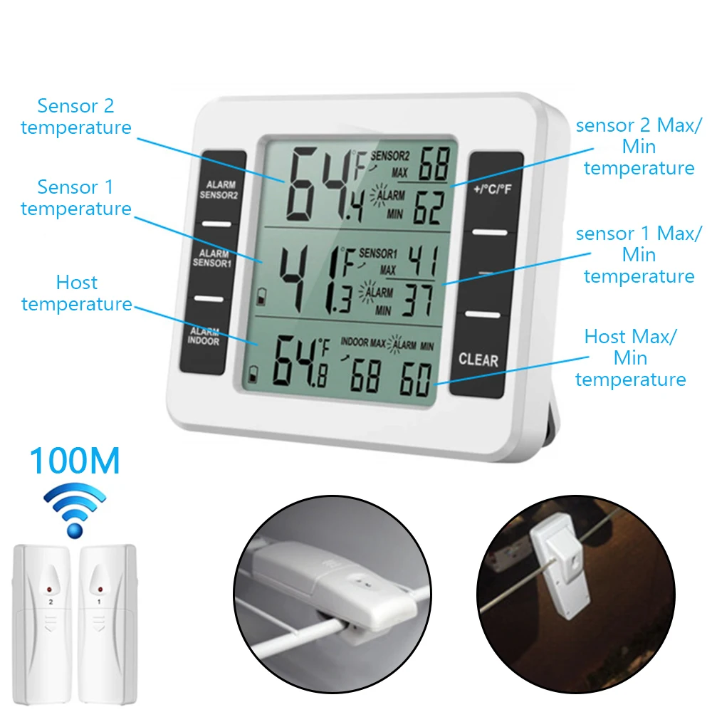 

Temperature Meter +2 Sensor with Audible Alarm Indoor Outdoor for Kitchen, Freezer, Garden Wireless Thermometer
