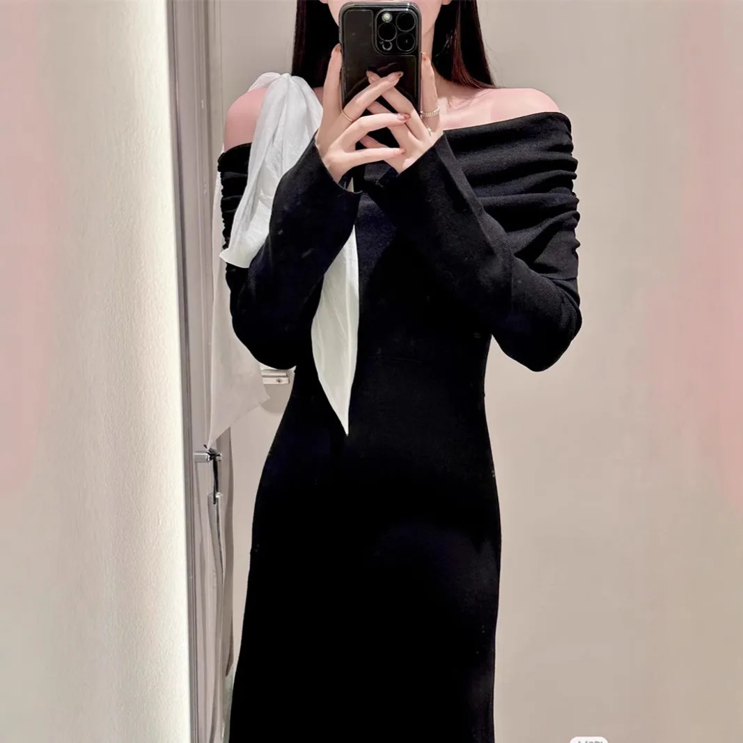 Cosmo New Winter Trendy Style Casual Elegant Long Bow Tie Dress for Women Off Shoulder Long Sleeves Knit Dress for Female