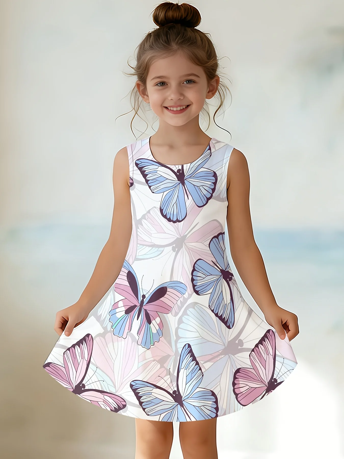 2026 Girls Sleeveless Tank Sundress Delicate Butterfly Print Soft A‑Line Cute Outfit for Indoor and Casual Daily Summer Wear