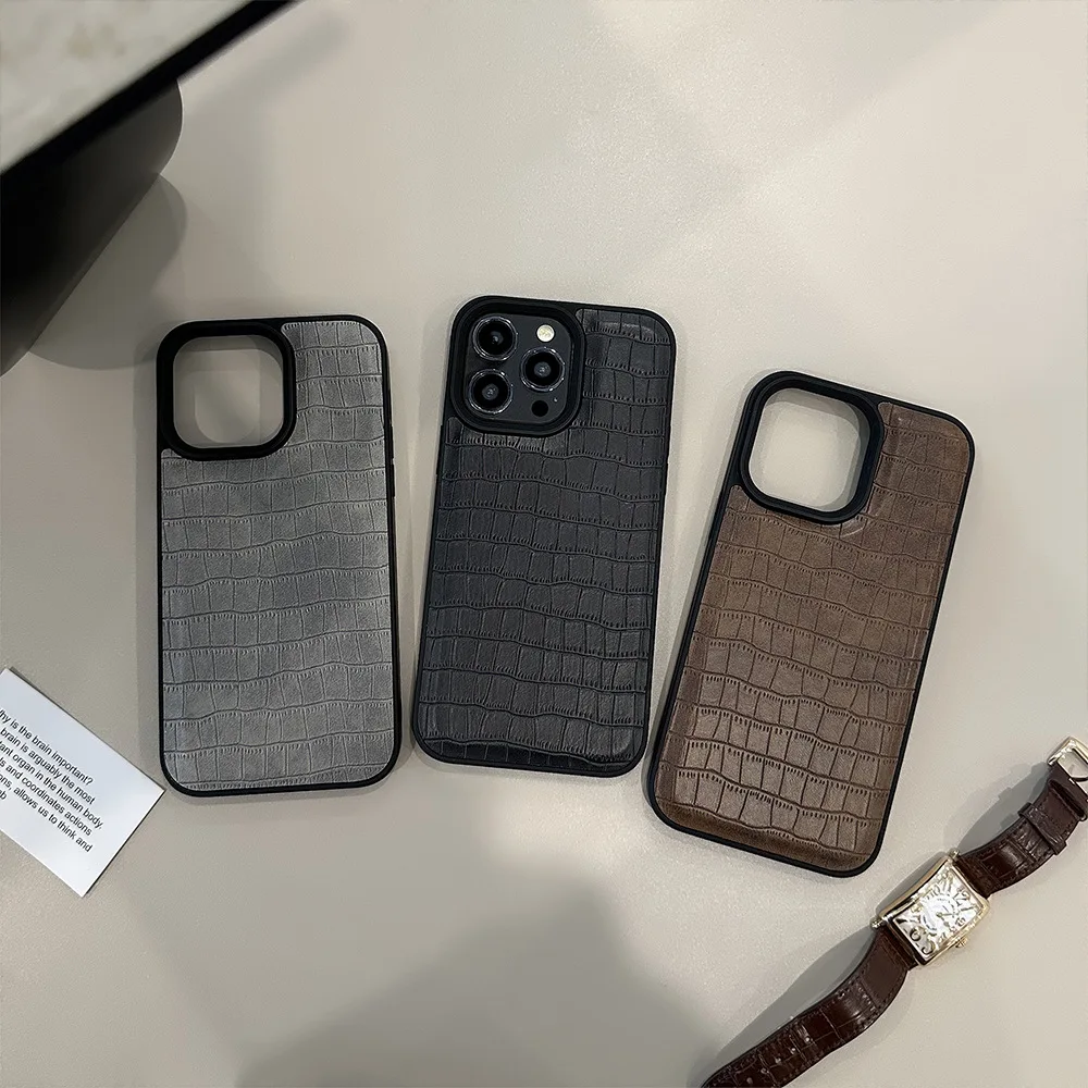Crocodile Pattern Luxury Black Frame Phone Cases for iPhone 16 15 14 13 12 Pro Max Plus Leather Phone Case Cover