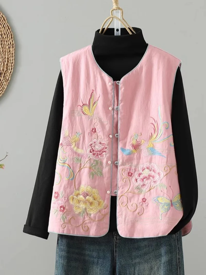 

Chinese Style Linen Jacquard Vest Women's 2025 Autumn And Winter Temperament Regular Retro Embroidery Cotton Jacket Top w825