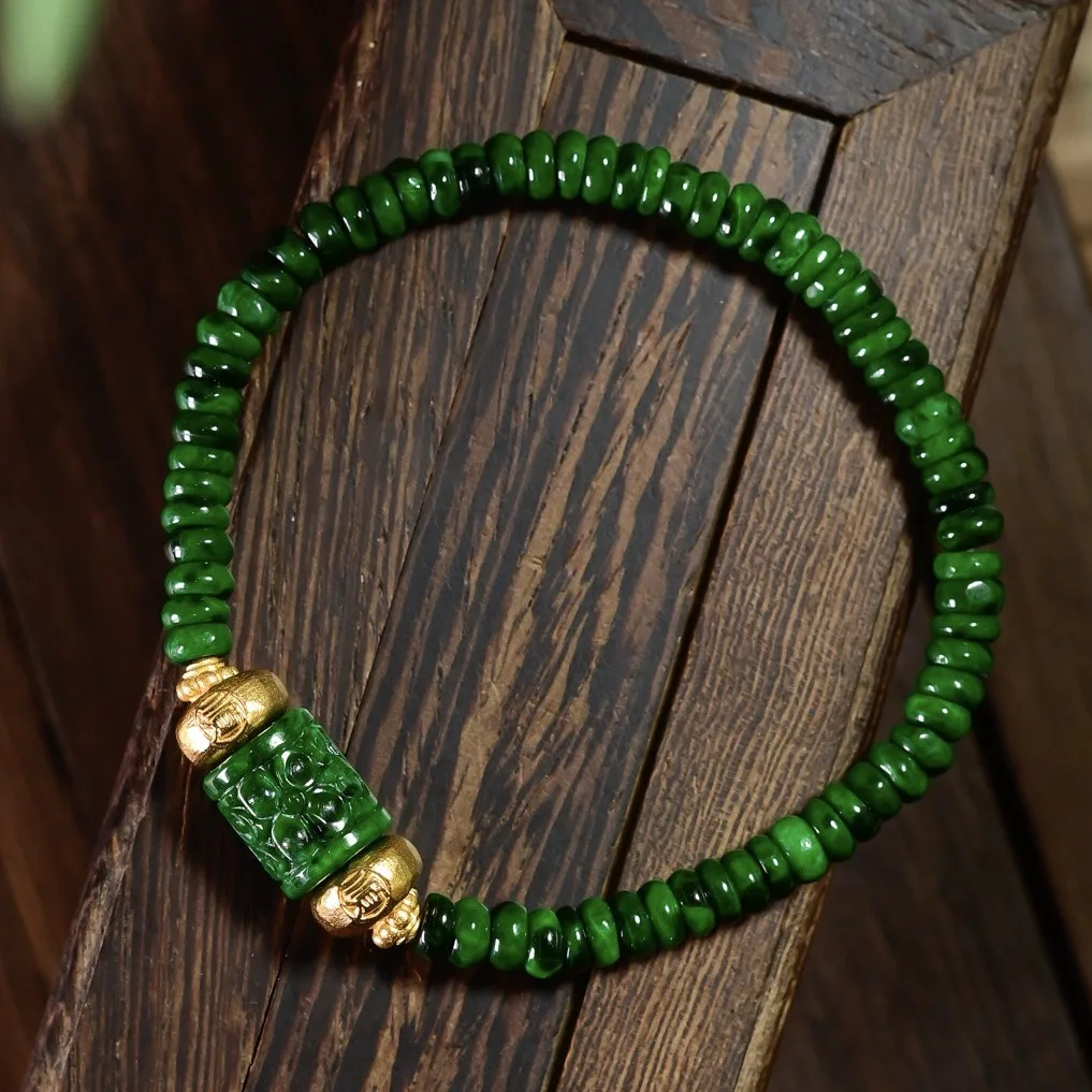 Natural A Grade Spicy Green Dry Green Jadeite Bracelet, Carved Barrel Bead, S925 Silver Gold Plated, Disc Beaded Bracelet
