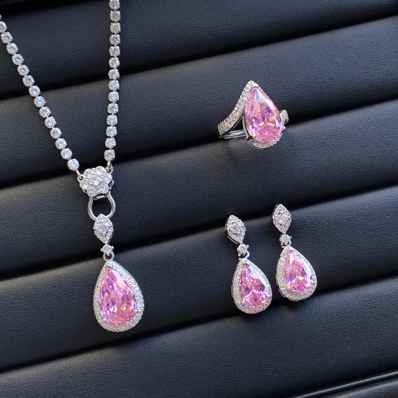 

Pink Water Drop Shape Zircon Three-piece Full Diamond Open Ring Female Temperament Luxury Pendant Earrings Set