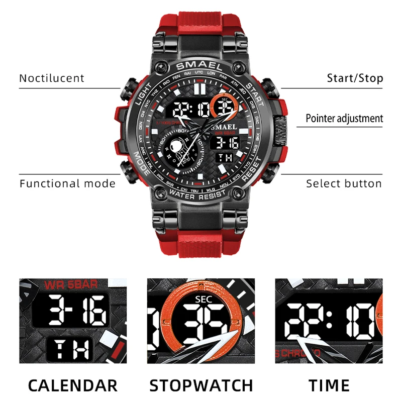 SMAEL Men Sport Watches Double Time Chronograph Watch LED Chrono Week Display Alloy Case Backlight Digital Wristwatches Male