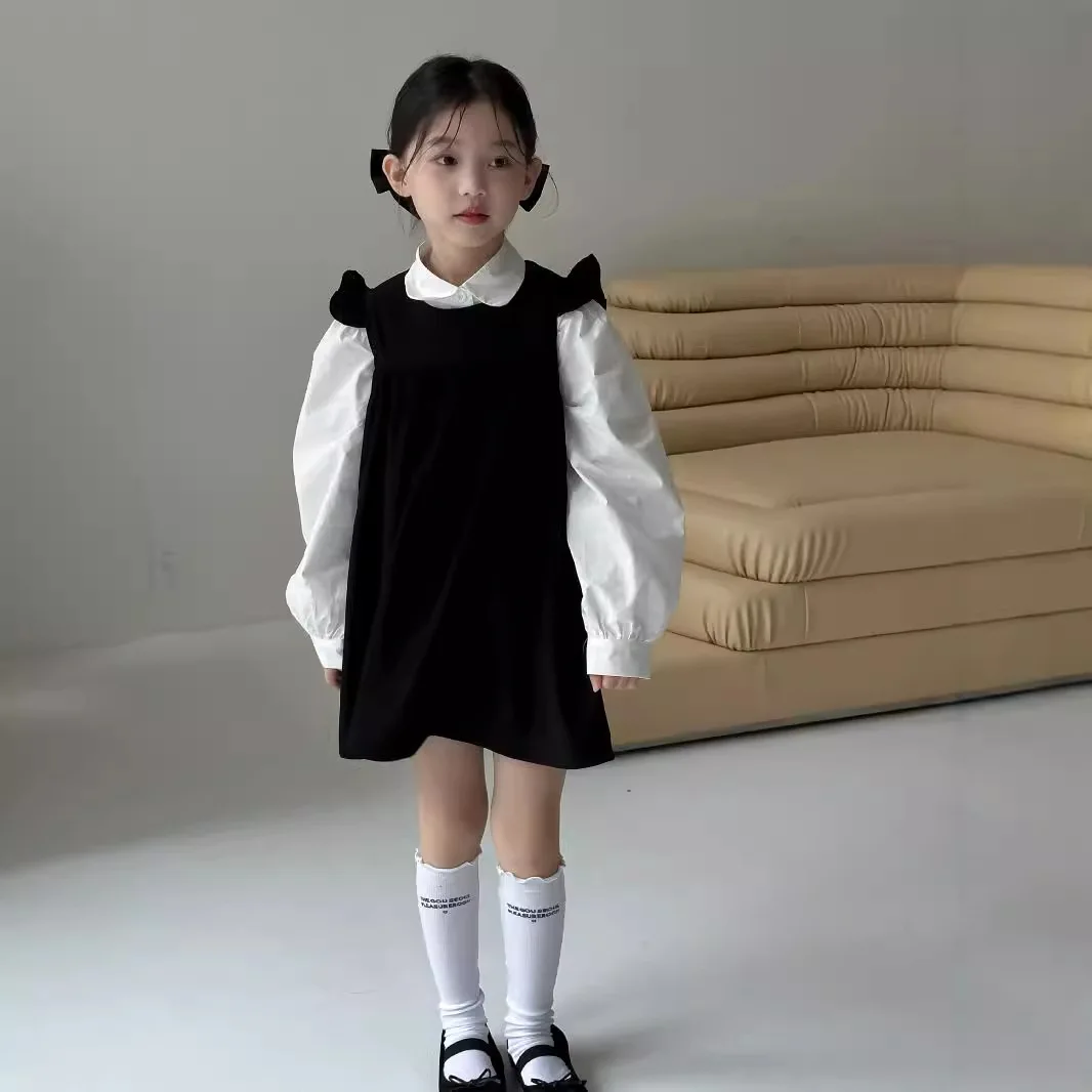 Korean version  girls autumn  children's clothing  fashion Yangqi college style shirt female treasure vest skirt two-piece set