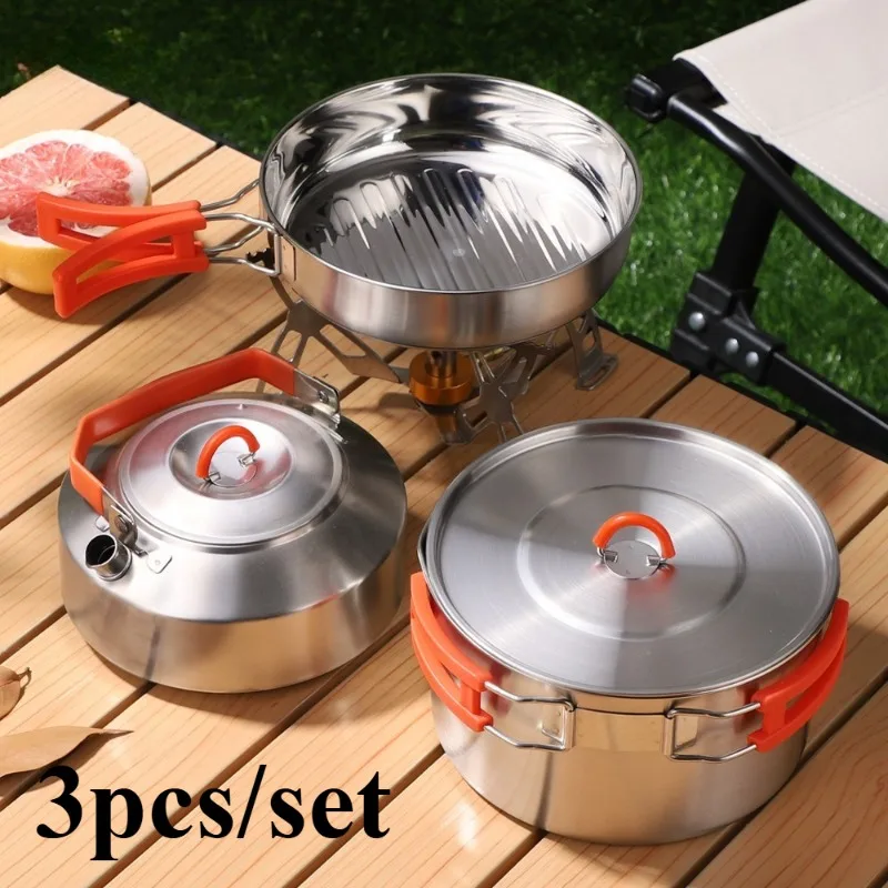 Camping Cookware Set, Lightweight Aluminum Nesting Cooking Pot Kit with Folding Handles, Portable Outdoor Tableware, Ideal for Picnic, Travel, Backpacking and Outdoor Camping Activities, Outdoor Cooking Replacement Supplies, 3pcs/Set