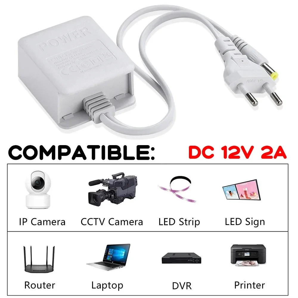 12V 2A Power Supply Waterproof Power Adapter AC DC Converter 100-220V to 12Volt 2 Amp Transformer 5.5x2.1mm Plug for CCTV Camera