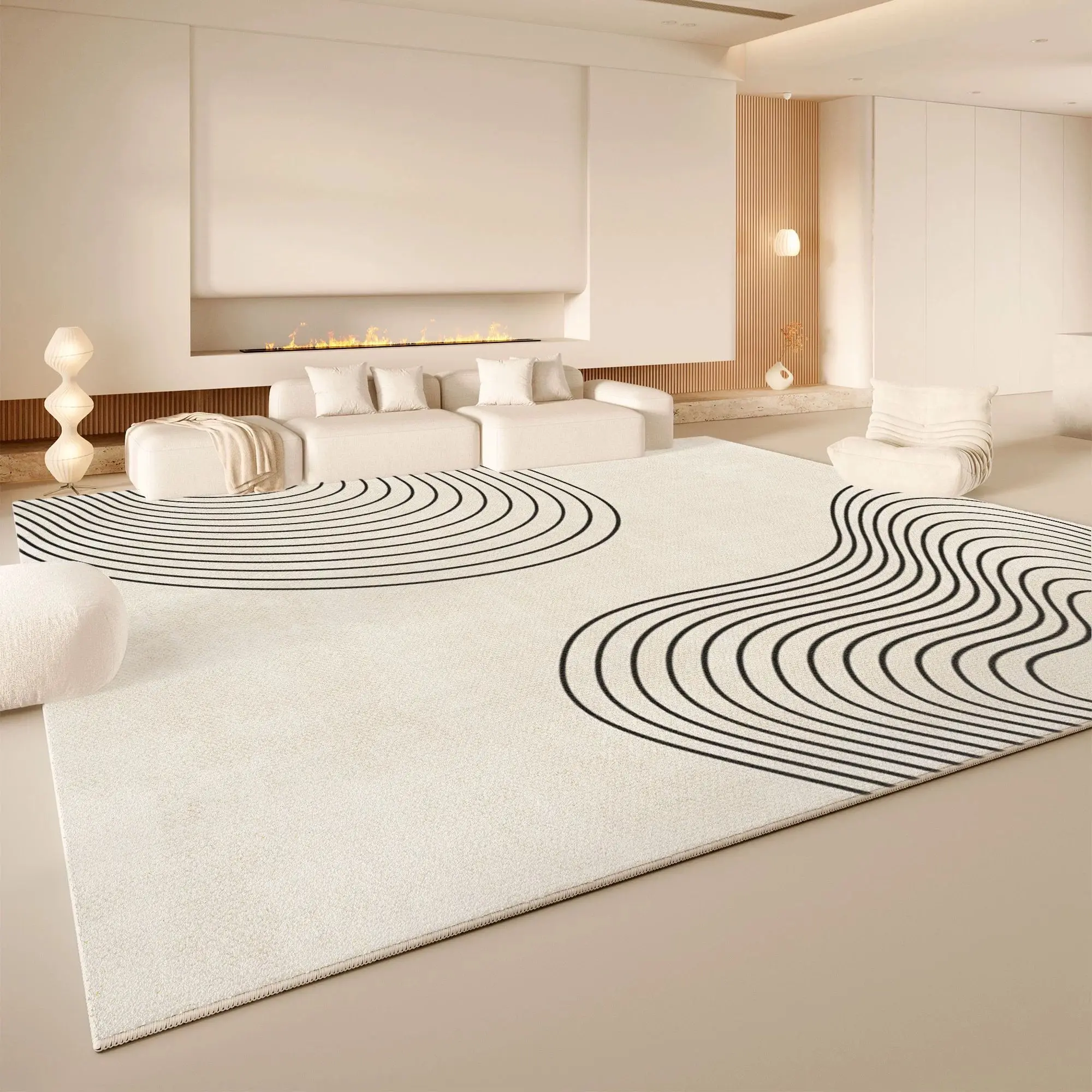 VIKAMA Black White Dual Wavy Line Area Rug Non Slip Washable Living Room Carpet Minimalist Neutral Modern Home Floor Rug