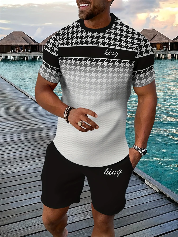 Men's Breathable Athletic Set Summer 3D Letter Print T-Shirt And Shorts Set Adult Lightweight Fitness Wear Casual Sportswear Set
