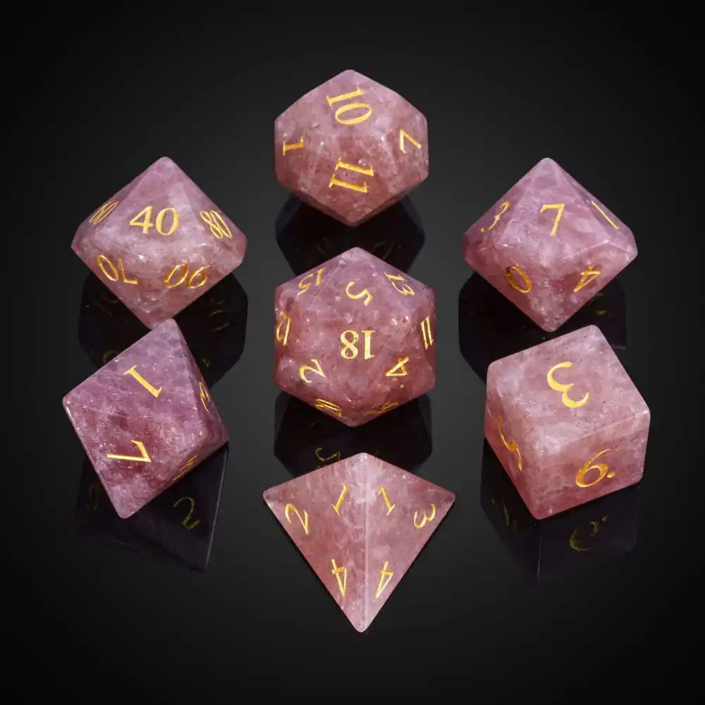 Cusdie 7Pcs Crystal Stone Dice, Handmade 16mm Polyhedral Dice Set with Leather Box,D4-D20 for Role Playing Game Collection D&D