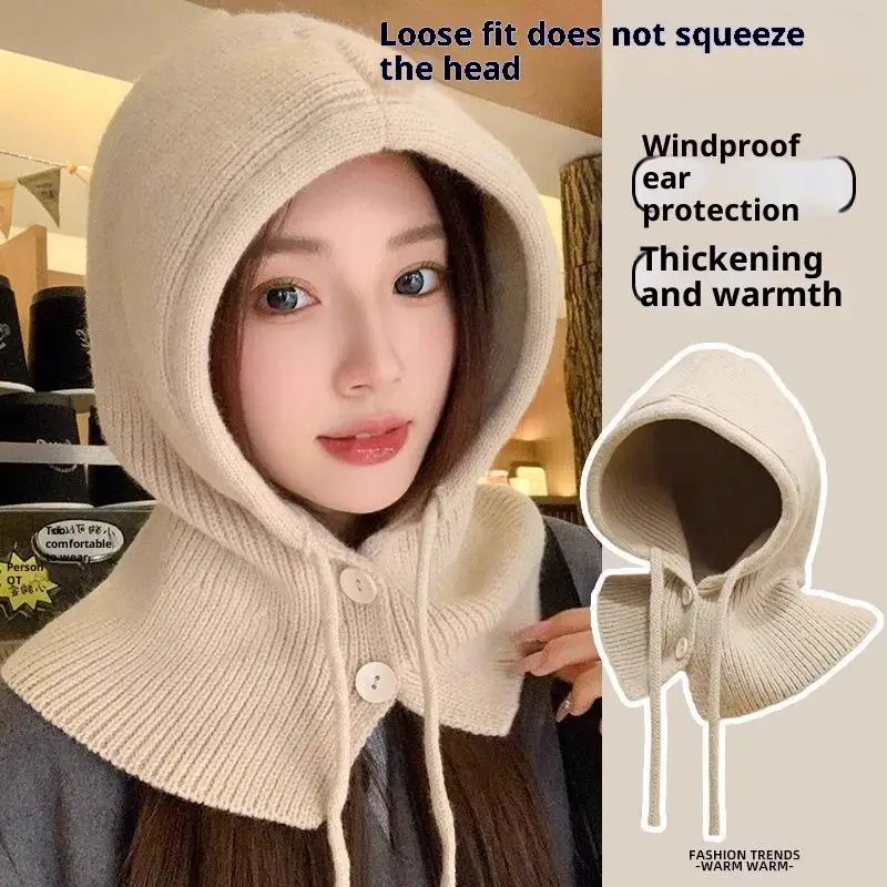 Women's Warm Knitted Balaclava Hat Solid Color 1-Piece Neck Pullover Cap Outdoor Winter Cashmere Hooded Face Cover