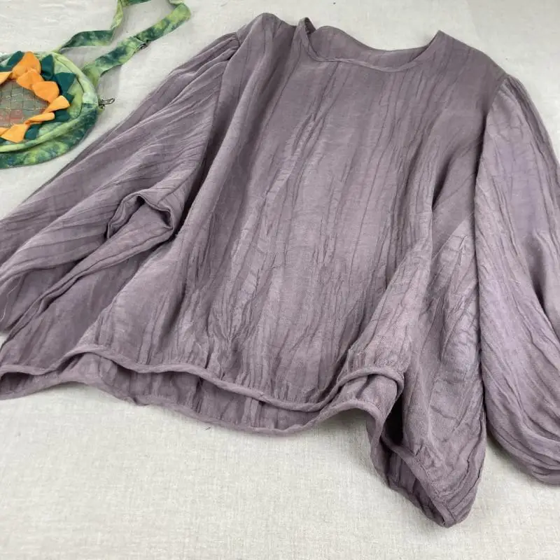 

Новинка 2025, весна-лето, художественный стиль, женская футболка с рукавами-фонариками и круглым вырезом, универсальная повседневная хлопково-льняная футболка, женские топы T50