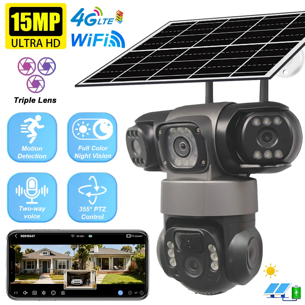 

15MP Solar Triple Lens Security Camera Outdoor Waterproof CCTV Camera Wireless For Home Motion Detection Auto Tracking V380