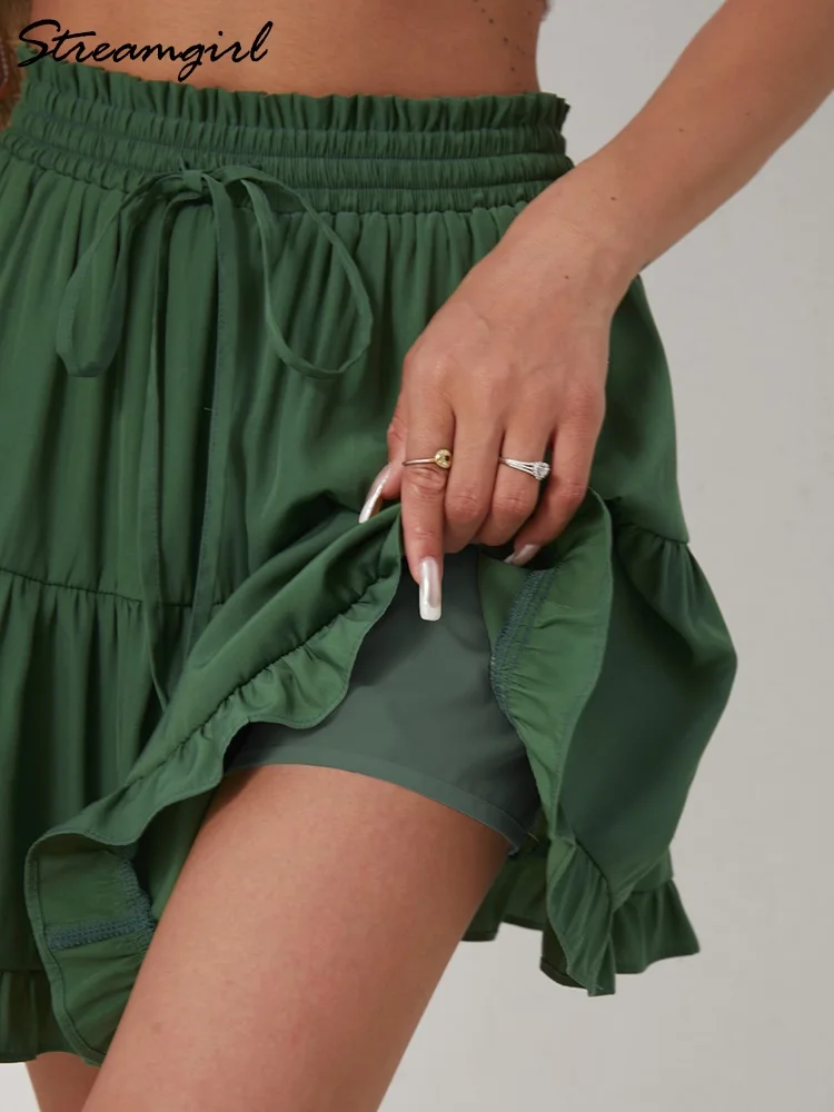 Women Mini Skirt Ruffle With Shorts Summer 2025 High Waist White Cake Skirt Splicing Short Beach Skirts For Women Vintage